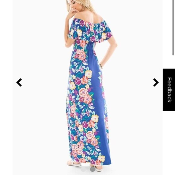Soma Blue Layered Floral Flounce Off Shoulder Maxi Dress M - Picture 2 of 7